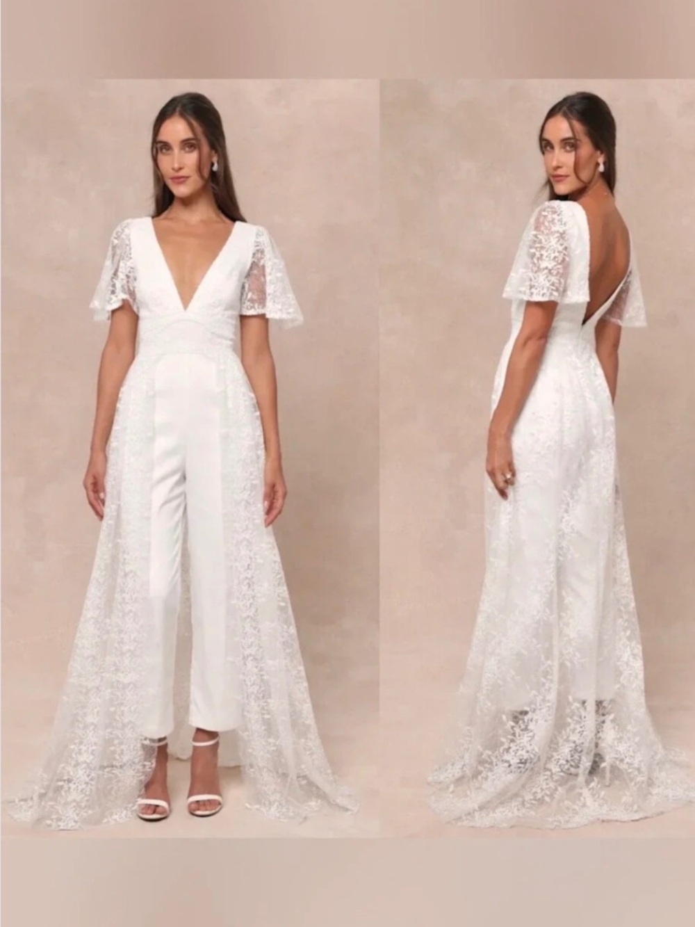 NWOT Lulus Immaculate Love White Mesh Embroidered Cape Wedding Jumpsuit S